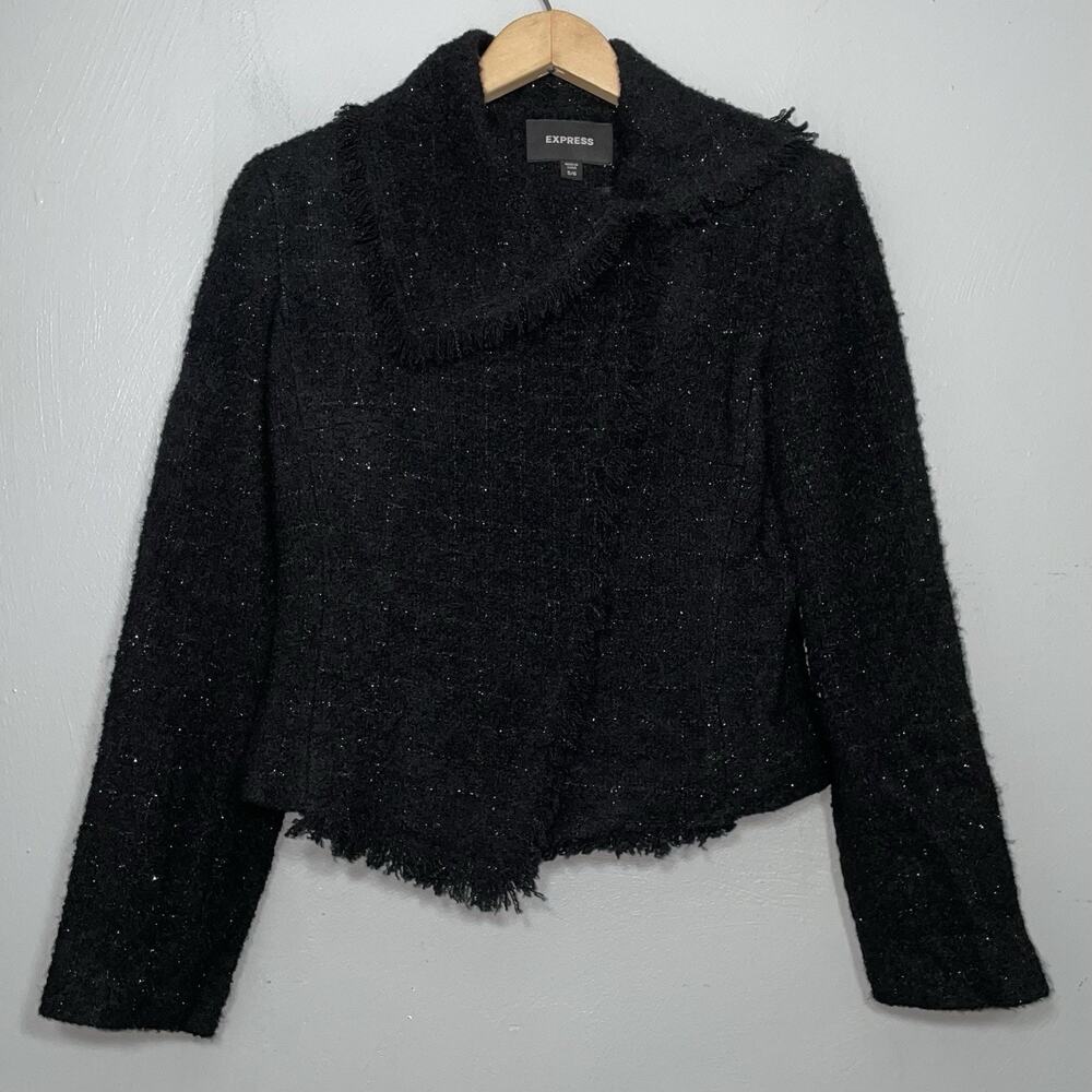 Express Tweed Jacket Size 5 6 Black Silver Wool Fringed Moto Blazer Whimsigoth